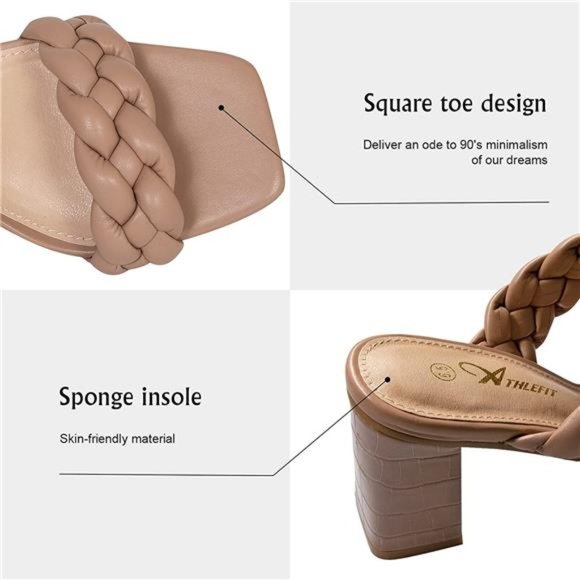 Women's Braided Heeled Sandals Strappy Square Open Toe Heels Backless Mules Slip - Picture 2 of 6